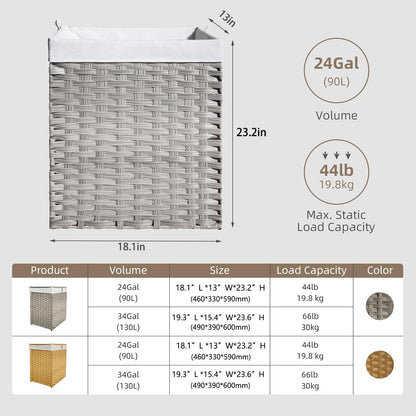 Wicker Laundry Hamper with Lid,90L (24Gal) Foldable Laundry Basket with Removable,Machine Washable 2-Section Liner and Handles,Gray Rattan Hamper for Organization and Storage