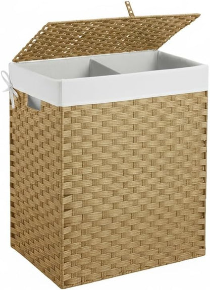Wicker Laundry Hamper with Lid,90L (24Gal) Foldable Laundry Basket with Removable,Machine Washable 2-Section Liner and Handles,Gray Rattan Hamper for Organization and Storage