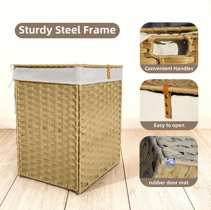 Wicker Laundry Hamper with Lid,90L (24Gal) Foldable Laundry Basket with Removable,Machine Washable 2-Section Liner and Handles,Gray Rattan Hamper for Organization and Storage