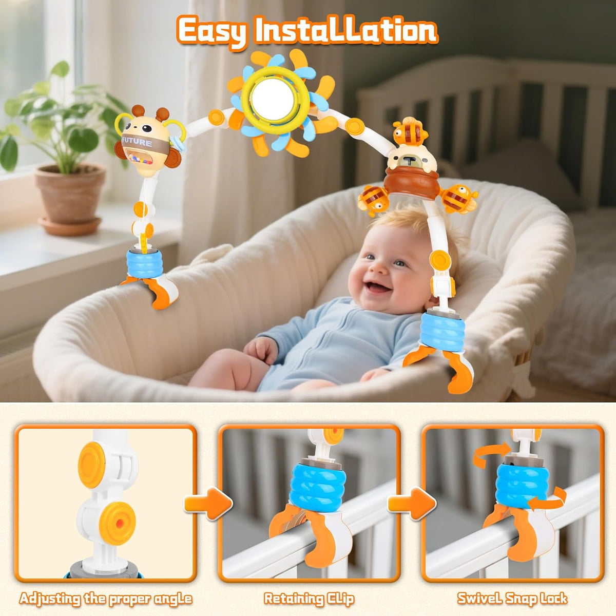 Baby Activity Stroller Arch Toys,Car Seat Toys for Adjustable Bouncer Arch Crib Bassinet Hanging Toys Mobile Clip on Stroller Developing Motor Infants Toddlers Skills with Rattle,Mirror,Teether Gift