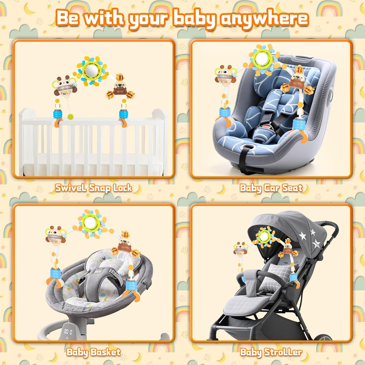 Baby Activity Stroller Arch Toys,Car Seat Toys for Adjustable Bouncer Arch Crib Bassinet Hanging Toys Mobile Clip on Stroller Developing Motor Infants Toddlers Skills with Rattle,Mirror,Teether Gift