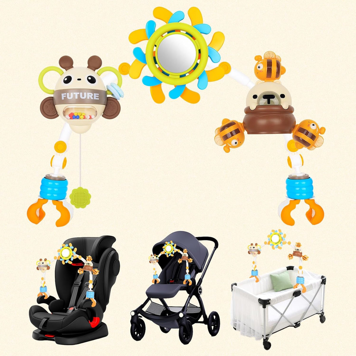 Baby Activity Stroller Arch Toys,Car Seat Toys for Adjustable Bouncer Arch Crib Bassinet Hanging Toys Mobile Clip on Stroller Developing Motor Infants Toddlers Skills with Rattle,Mirror,Teether Gift