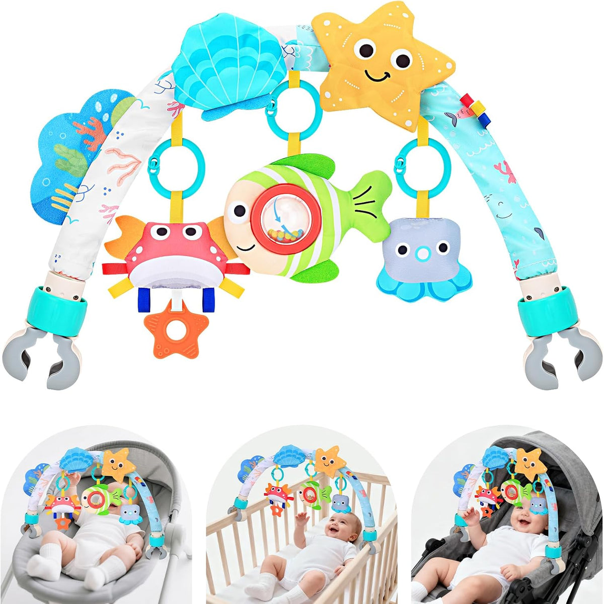 Baby Activity Stroller Arch Toys,Car Seat Toys for Adjustable Bouncer Arch Crib Bassinet Hanging Toys Mobile Clip on Stroller Developing Motor Infants Toddlers Skills with Rattle,Mirror,Teether Gift