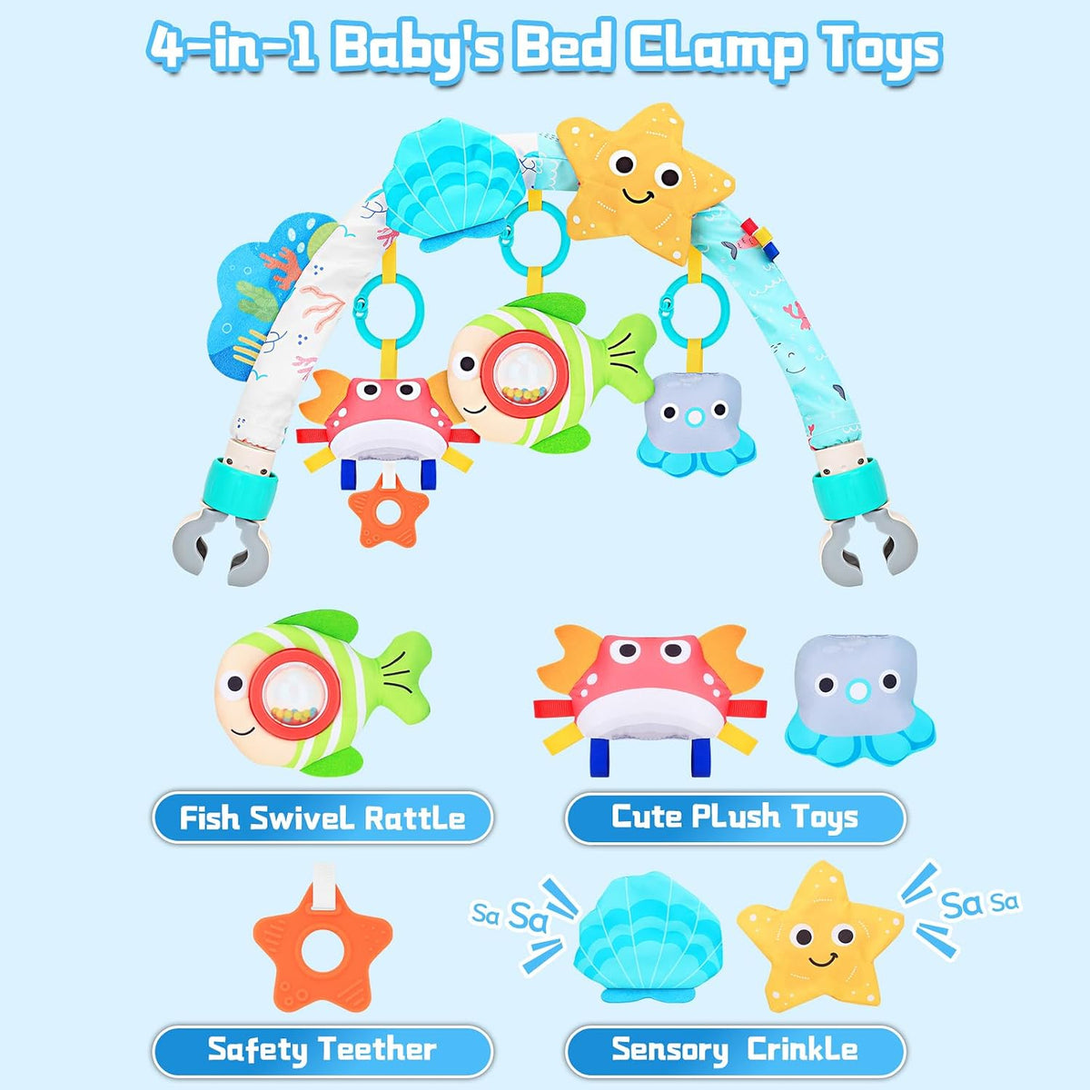 Baby Activity Stroller Arch Toys,Car Seat Toys for Adjustable Bouncer Arch Crib Bassinet Hanging Toys Mobile Clip on Stroller Developing Motor Infants Toddlers Skills with Rattle,Mirror,Teether Gift