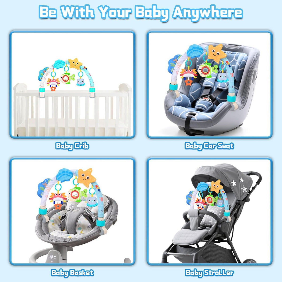 Baby Activity Stroller Arch Toys,Car Seat Toys for Adjustable Bouncer Arch Crib Bassinet Hanging Toys Mobile Clip on Stroller Developing Motor Infants Toddlers Skills with Rattle,Mirror,Teether Gift