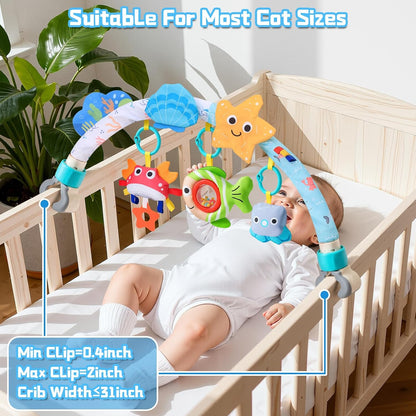 Baby Activity Stroller Arch Toys,Car Seat Toys for Adjustable Bouncer Arch Crib Bassinet Hanging Toys Mobile Clip on Stroller Developing Motor Infants Toddlers Skills with Rattle,Mirror,Teether Gift