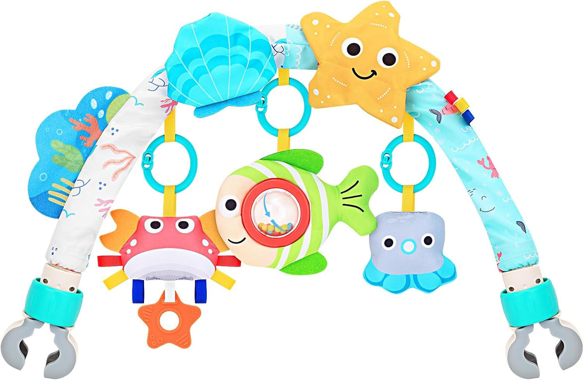 Baby Activity Stroller Arch Toys,Car Seat Toys for Adjustable Bouncer Arch Crib Bassinet Hanging Toys Mobile Clip on Stroller Developing Motor Infants Toddlers Skills with Rattle,Mirror,Teether Gift