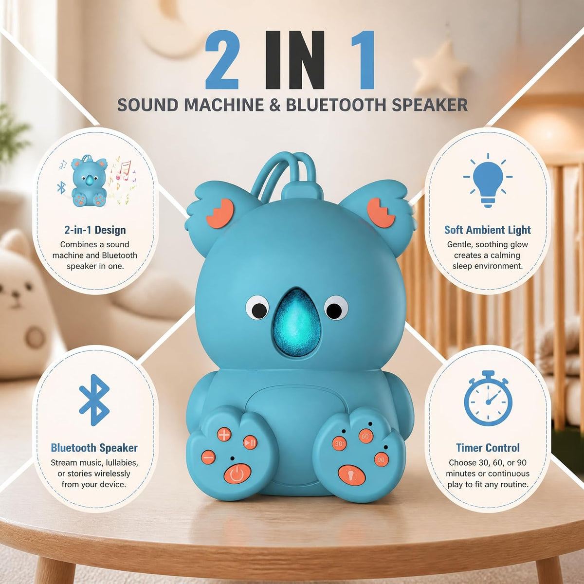 Portable White Noise Baby Sound Machine with Bluetooth Speaker and Timer