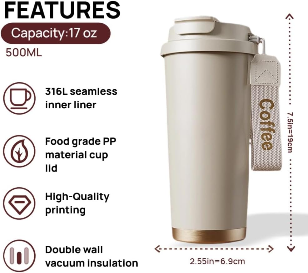 Travel Coffee Mug, 17oz Insulated Leakproof Coffee Cup with Lid, 3-In-1 Double Wall Vacuum Travel Mug, Stainless Steel Office Cup (Red)