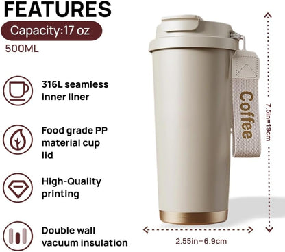 Travel Coffee Mug, 17oz Insulated Leakproof Coffee Cup with Lid, 3-In-1 Double Wall Vacuum Travel Mug, Stainless Steel Office Cup (Red)