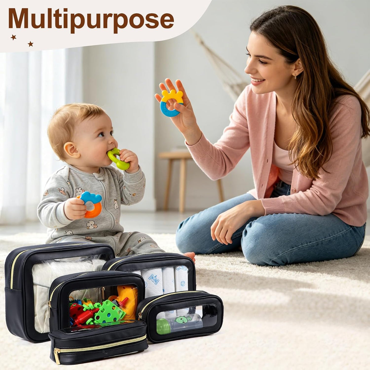 5PCS Diaper Bag Organizer Pouch, Clear TPU Waterproof Organizer Zipper Bags, Cosmetic Bag Set, TSA Approved Toiletry Bags, Travel Organizer Bag for Kids and Women