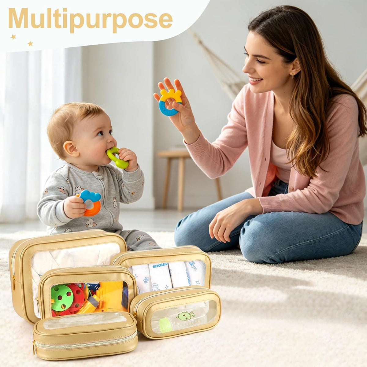 5PCS Diaper Bag Organizer Pouch, Clear TPU Waterproof Organizer Zipper Bags, Cosmetic Bag Set, TSA Approved Toiletry Bags, Travel Organizer Bag for Kids and Women