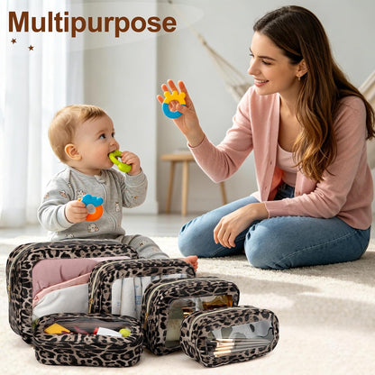 5PCS Diaper Bag Organizer Pouch, Clear TPU Waterproof Organizer Zipper Bags, Cosmetic Bag Set, TSA Approved Toiletry Bags, Travel Organizer Bag for Kids and Women