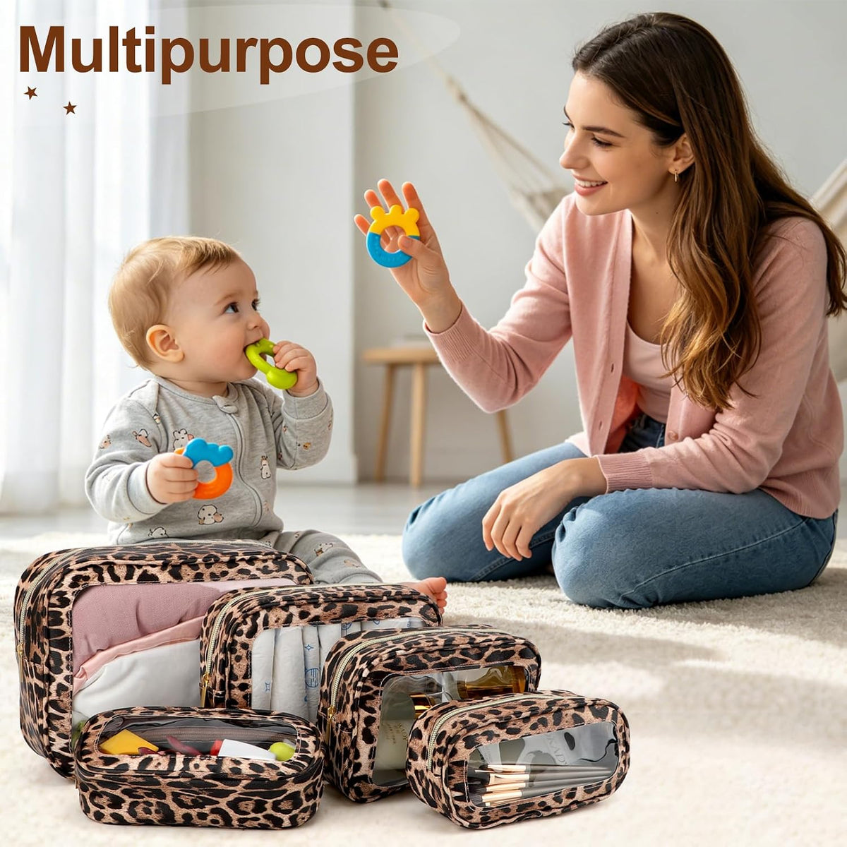 5PCS Diaper Bag Organizer Pouch, Clear TPU Waterproof Organizer Zipper Bags, Cosmetic Bag Set, TSA Approved Toiletry Bags, Travel Organizer Bag for Kids and Women