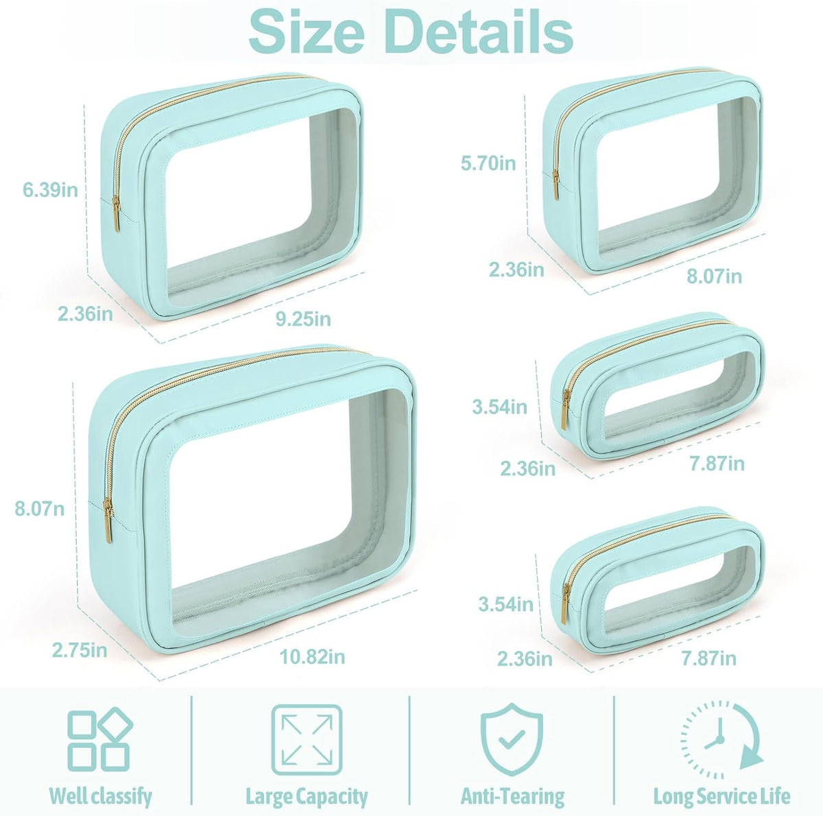 5PCS Diaper Bag Organizer Pouch, Clear TPU Waterproof Organizer Zipper Bags, Cosmetic Bag Set, TSA Approved Toiletry Bags, Travel Organizer Bag for Kids and Women