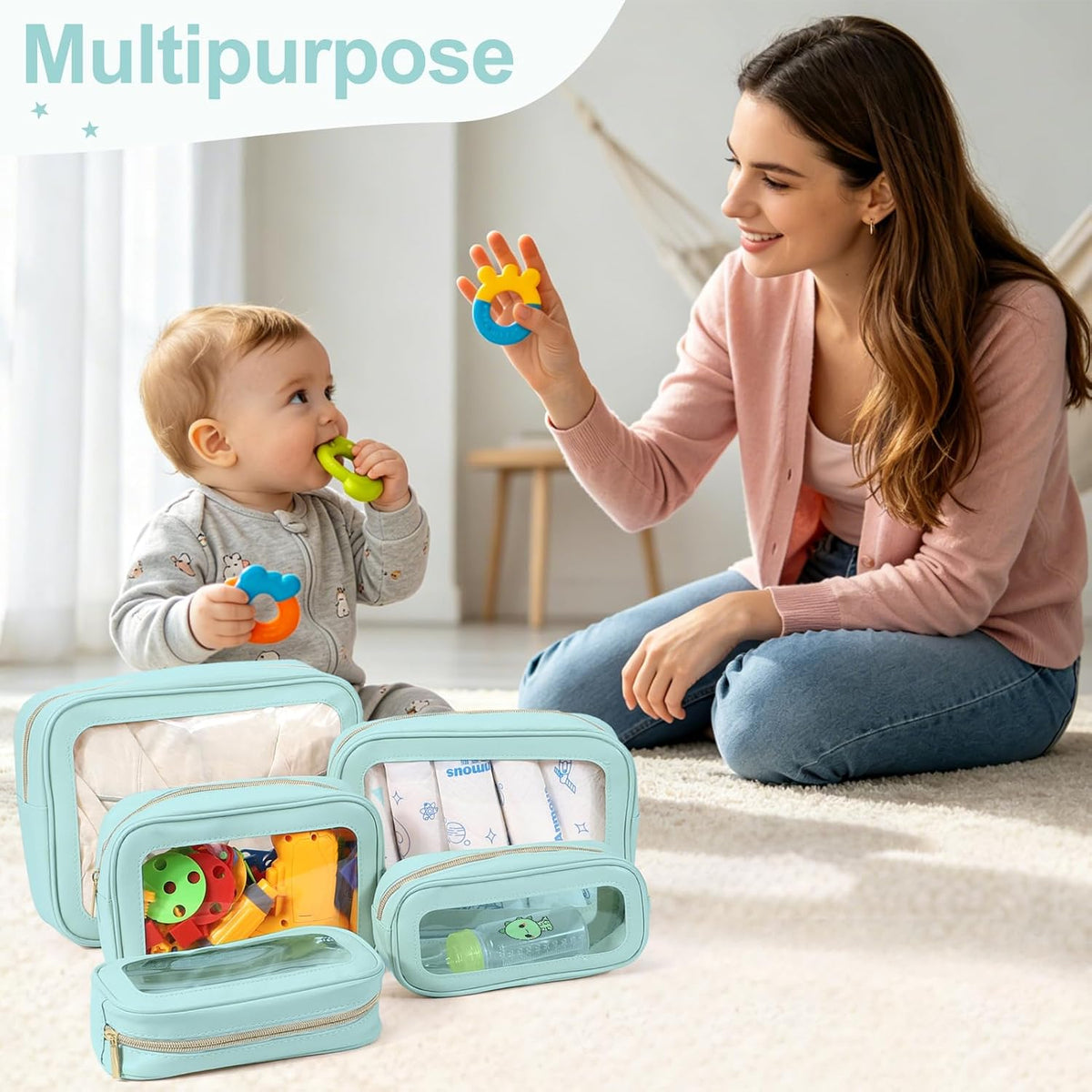 5PCS Diaper Bag Organizer Pouch, Clear TPU Waterproof Organizer Zipper Bags, Cosmetic Bag Set, TSA Approved Toiletry Bags, Travel Organizer Bag for Kids and Women