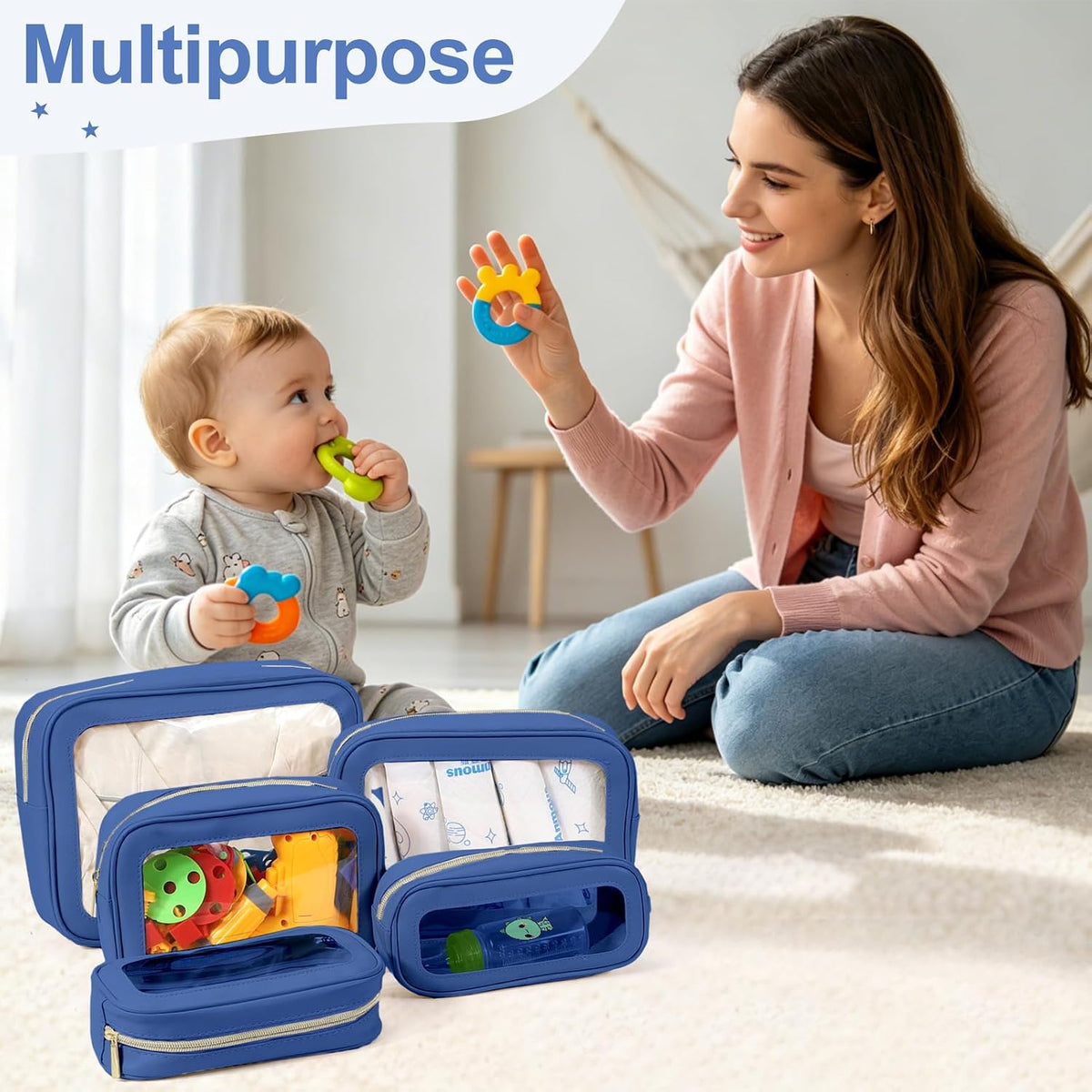 5PCS Diaper Bag Organizer Pouch, Clear TPU Waterproof Organizer Zipper Bags, Cosmetic Bag Set, TSA Approved Toiletry Bags, Travel Organizer Bag for Kids and Women
