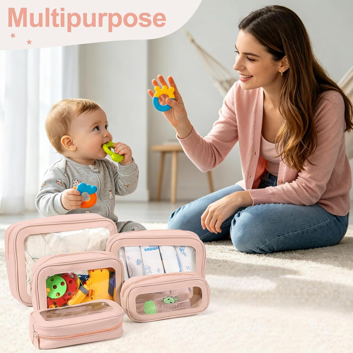 5PCS Diaper Bag Organizer Pouch, Clear TPU Waterproof Organizer Zipper Bags, Cosmetic Bag Set, TSA Approved Toiletry Bags, Travel Organizer Bag for Kids and Women