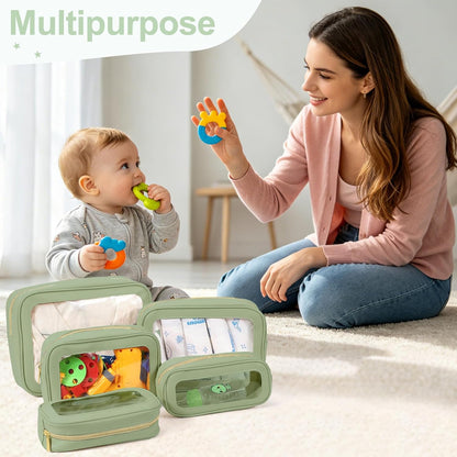 5PCS Diaper Bag Organizer Pouch, Clear TPU Waterproof Organizer Zipper Bags, Cosmetic Bag Set, TSA Approved Toiletry Bags, Travel Organizer Bag for Kids and Women