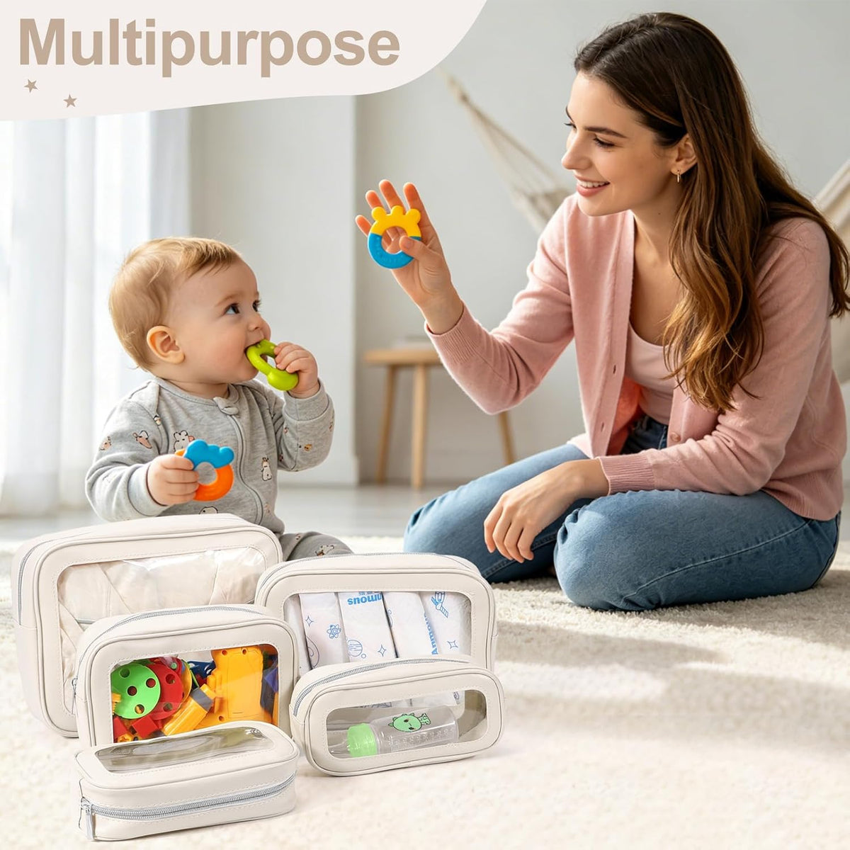 5PCS Diaper Bag Organizer Pouch, Clear TPU Waterproof Organizer Zipper Bags, Cosmetic Bag Set, TSA Approved Toiletry Bags, Travel Organizer Bag for Kids and Women