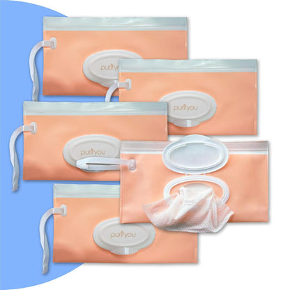 Portable Baby Wipe Case Travel Holder - Refillable Wipe Dispenser Pouches, Keeps Wipes Fresh & Moist, Lightweight, Durable, for Car, Diaper Bag, Stroller, Home & Travel (Set of 5, Pink)