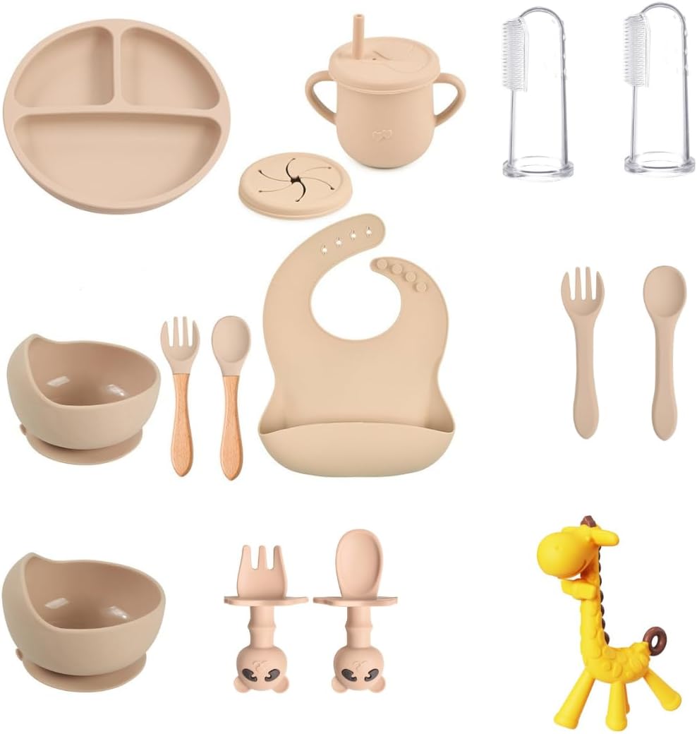 15-Piece Silicone Baby Feeding Set: Includes Suction Plates, Sippy Cup, Bowls, Utensils, Bib – Baby Led Weaning Essentials, BPA-Free, Dishwasher & Microwave Safe (Beige)