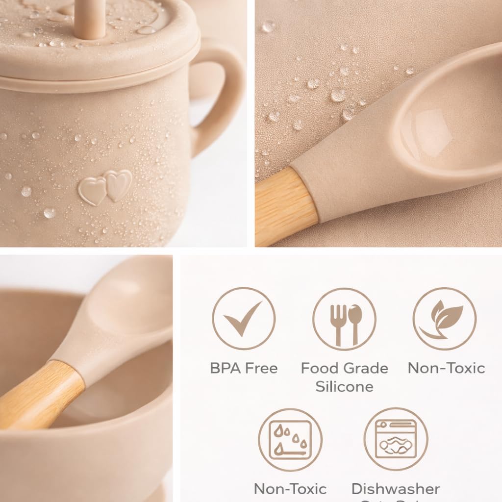 15-Piece Silicone Baby Feeding Set: Includes Suction Plates, Sippy Cup, Bowls, Utensils, Bib – Baby Led Weaning Essentials, BPA-Free, Dishwasher & Microwave Safe (Beige)