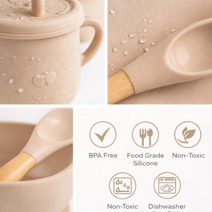 15-Piece Silicone Baby Feeding Set: Includes Suction Plates, Sippy Cup, Bowls, Utensils, Bib – Baby Led Weaning Essentials, BPA-Free, Dishwasher & Microwave Safe (Beige)