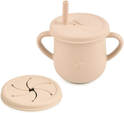 15-Piece Silicone Baby Feeding Set: Includes Suction Plates, Sippy Cup, Bowls, Utensils, Bib – Baby Led Weaning Essentials, BPA-Free, Dishwasher & Microwave Safe (Beige)