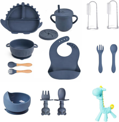 15-Piece Silicone Baby Feeding Set: Includes Suction Plates, Sippy Cup, Bowls, Utensils, Bib – Baby Led Weaning Essentials, BPA-Free, Dishwasher & Microwave Safe (Beige)