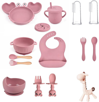 15-Piece Silicone Baby Feeding Set: Includes Suction Plates, Sippy Cup, Bowls, Utensils, Bib – Baby Led Weaning Essentials, BPA-Free, Dishwasher & Microwave Safe (Beige)