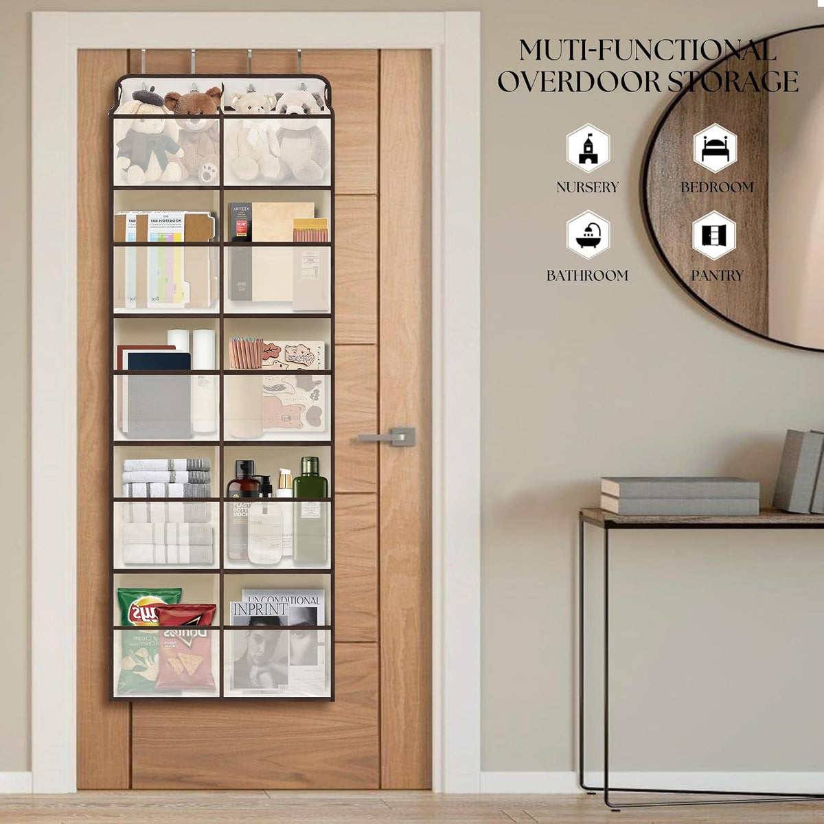 White Over Door Organizer with 10 Large Clear Pockets, Double-Row Hanging Door Storage for Closet, Bathroom, Nursery, Bedroom, Dorm, Toys, Toiletries, Baby Essentials