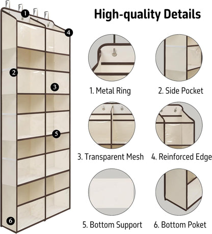 White Over Door Organizer with 10 Large Clear Pockets, Double-Row Hanging Door Storage for Closet, Bathroom, Nursery, Bedroom, Dorm, Toys, Toiletries, Baby Essentials