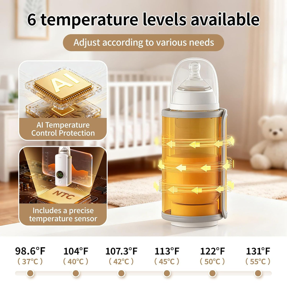Portable Bottle Warmer, 6 Temperature Settings,6000 mAh Battery