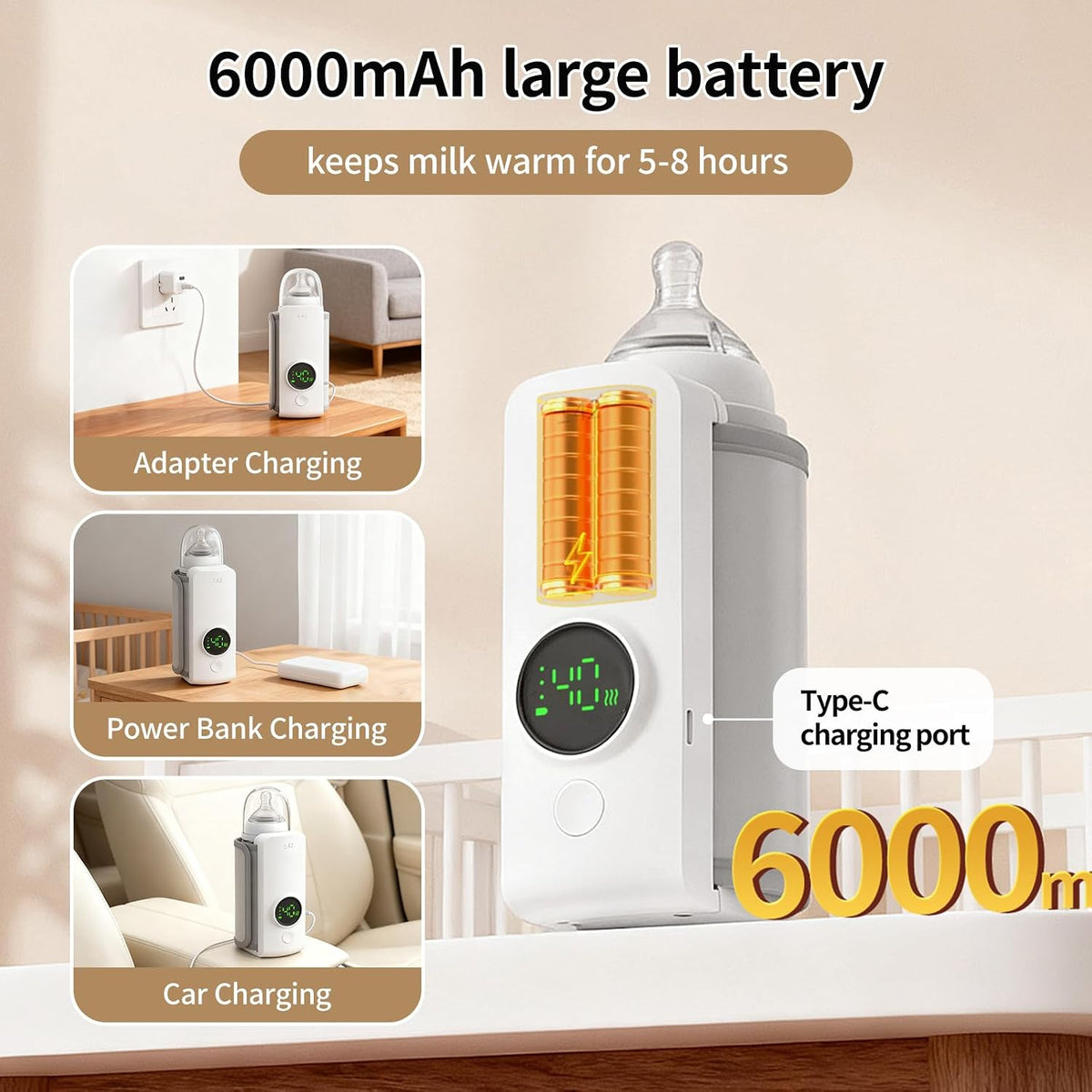 Portable Bottle Warmer, 6 Temperature Settings,6000 mAh Battery