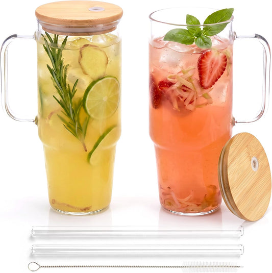 Glass Cups with Lids and Straws 40 oz Glass Tumbler with Straw and Lid 2 Pack Glass Tumbler with Handle Wide Mouth Iced Coffee Cups for Smoothies, Soda, Tea, with Bamboo Lids