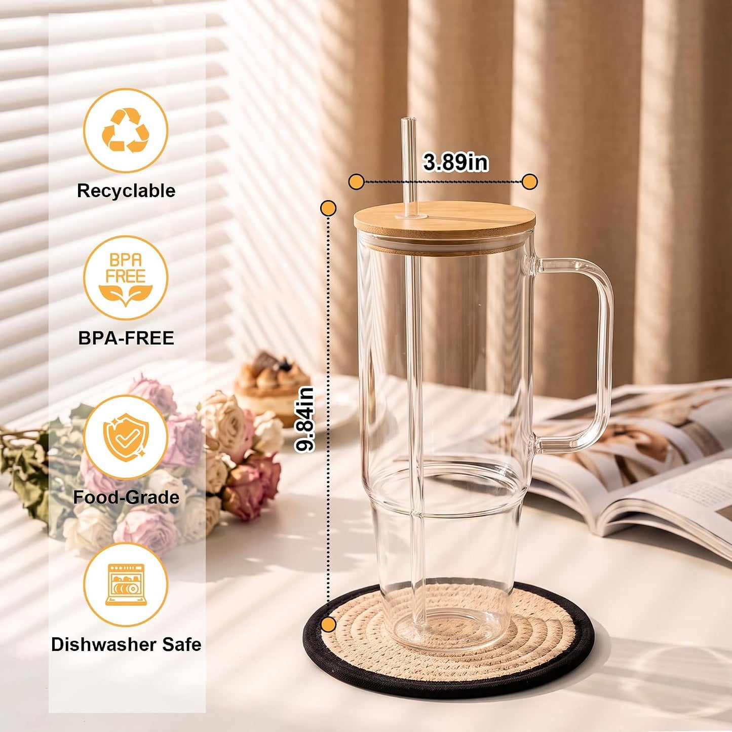 Glass Cups with Lids and Straws 40 oz Glass Tumbler with Straw and Lid 2 Pack Glass Tumbler with Handle Wide Mouth Iced Coffee Cups for Smoothies, Soda, Tea, with Bamboo Lids