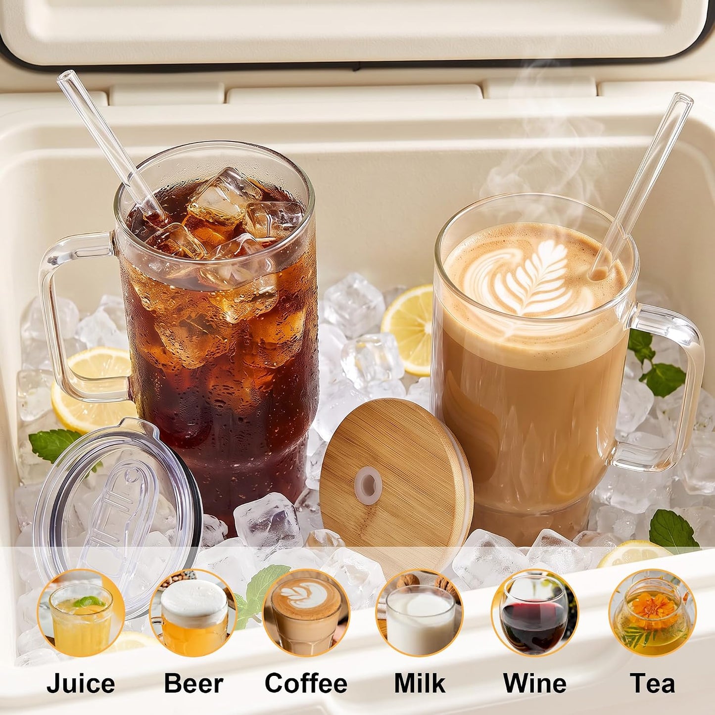 Glass Cups with Lids and Straws 40 oz Glass Tumbler with Straw and Lid 2 Pack Glass Tumbler with Handle Wide Mouth Iced Coffee Cups for Smoothies, Soda, Tea, with Bamboo Lids