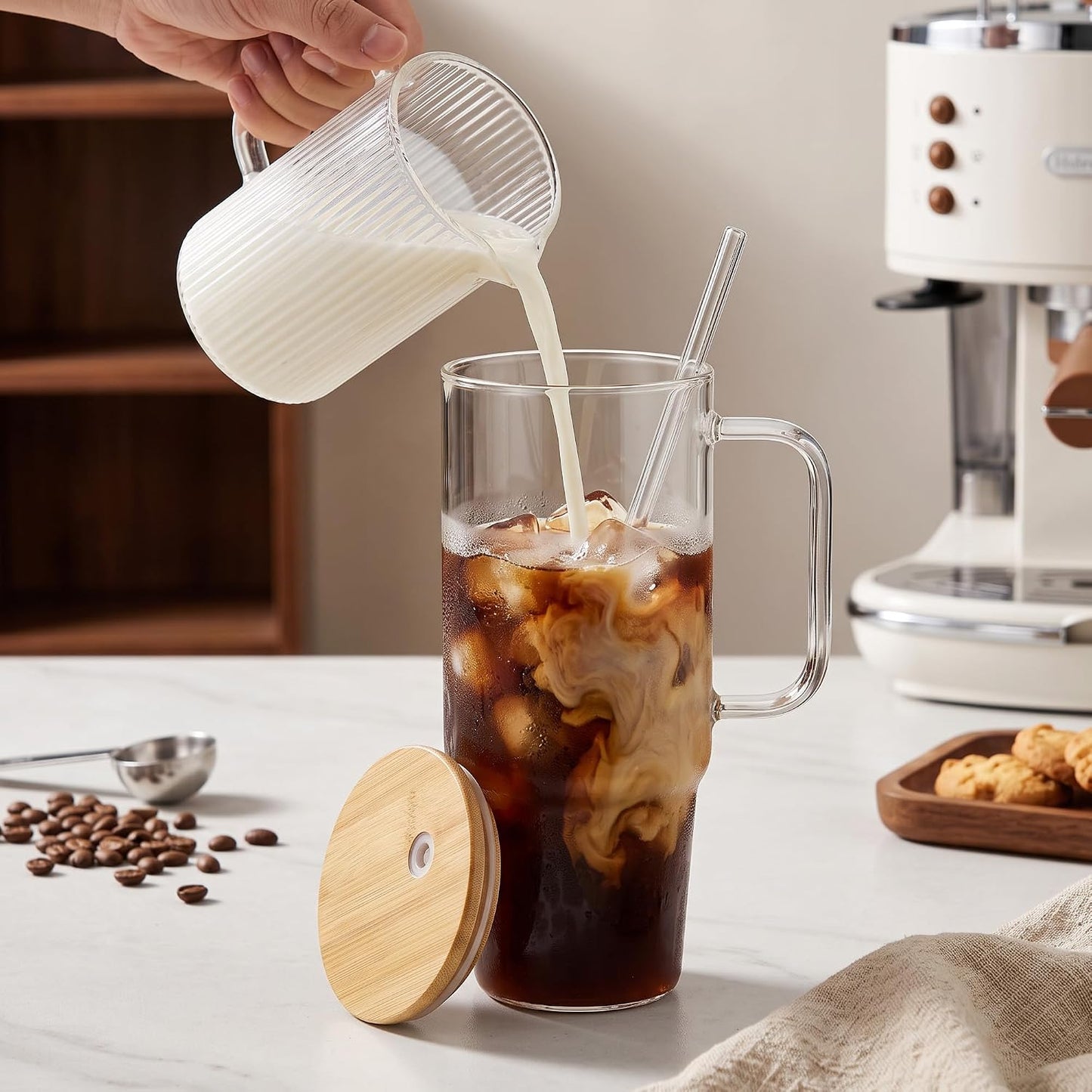Glass Cups with Lids and Straws 40 oz Glass Tumbler with Straw and Lid 2 Pack Glass Tumbler with Handle Wide Mouth Iced Coffee Cups for Smoothies, Soda, Tea, with Bamboo Lids