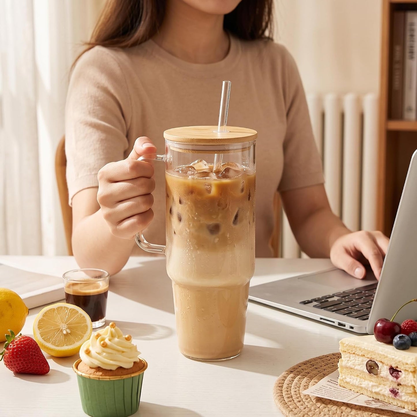 Glass Cups with Lids and Straws 40 oz Glass Tumbler with Straw and Lid 2 Pack Glass Tumbler with Handle Wide Mouth Iced Coffee Cups for Smoothies, Soda, Tea, with Bamboo Lids