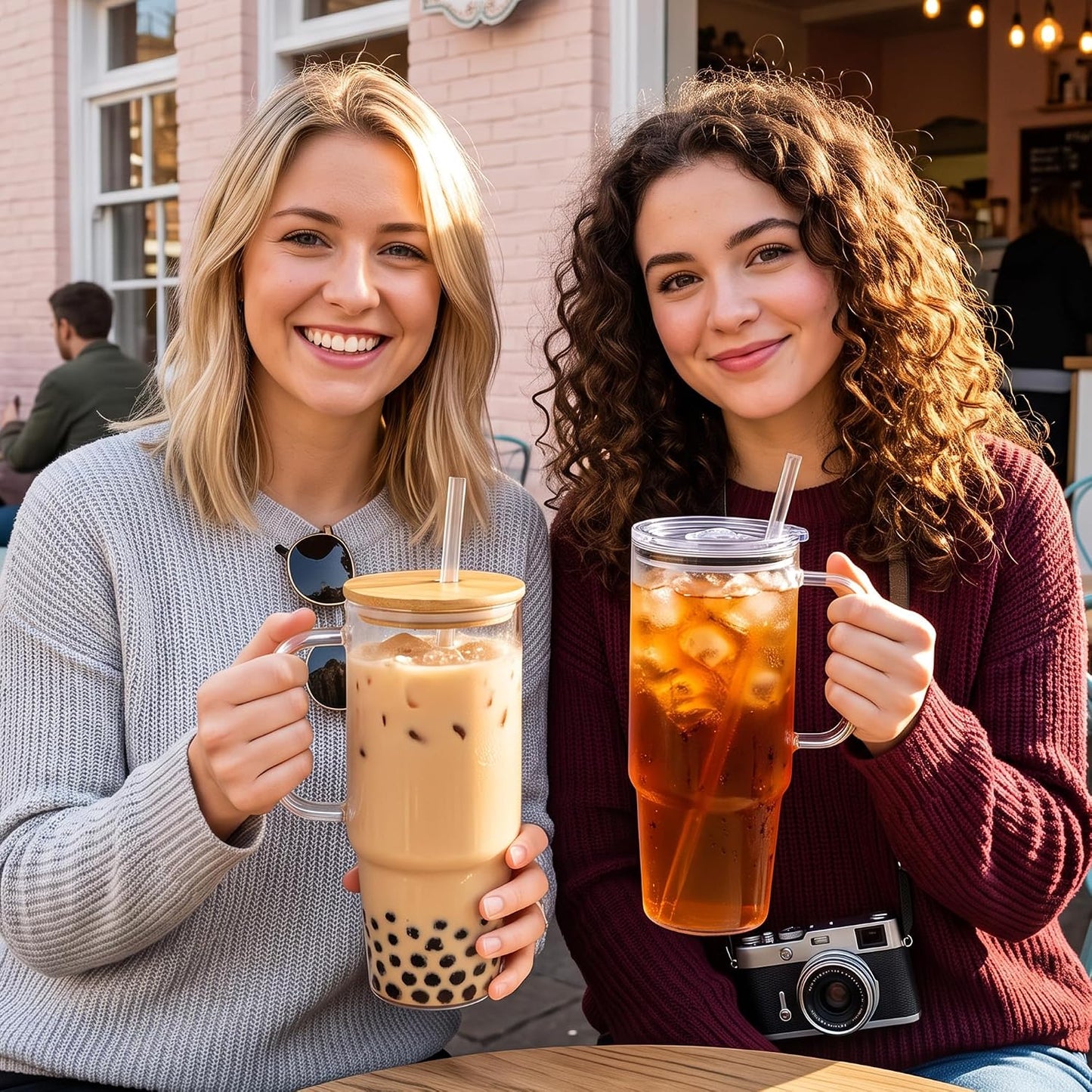 Glass Cups with Lids and Straws 40 oz Glass Tumbler with Straw and Lid 2 Pack Glass Tumbler with Handle Wide Mouth Iced Coffee Cups for Smoothies, Soda, Tea, with Bamboo Lids
