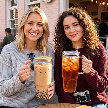 Glass Cups with Lids and Straws 40 oz Glass Tumbler with Straw and Lid 2 Pack Glass Tumbler with Handle Wide Mouth Iced Coffee Cups for Smoothies, Soda, Tea, with Bamboo Lids