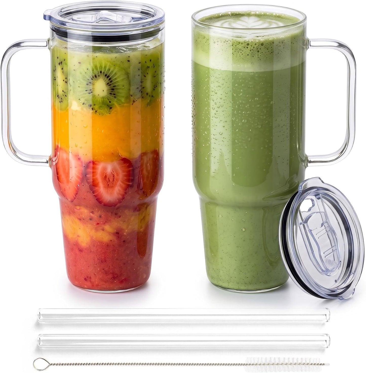 Glass Cups with Lids and Straws 40 oz Glass Tumbler with Straw and Lid 2 Pack Glass Tumbler with Handle Wide Mouth Iced Coffee Cups for Smoothies, Soda, Tea, with Bamboo Lids