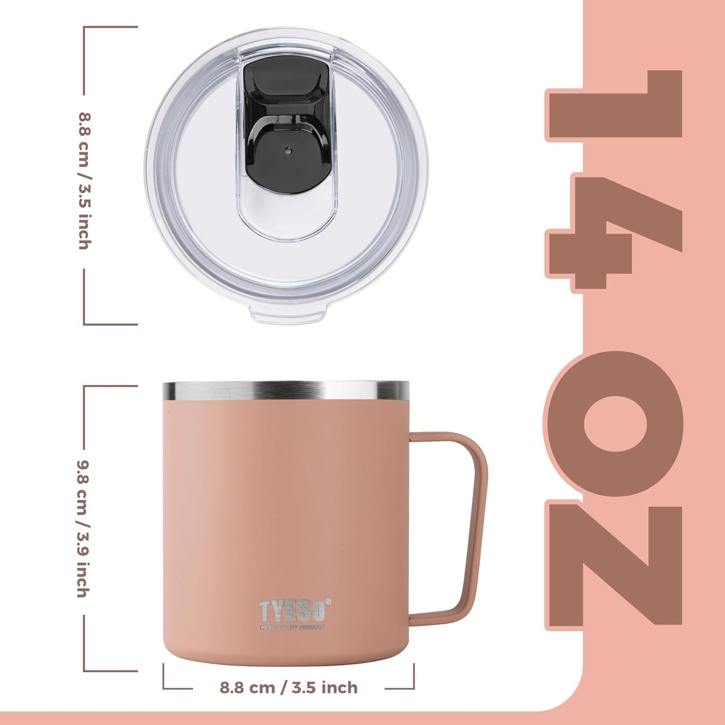 14 Oz Stainless Steel Pink Coffee Mug with Handle and Lid – Double Wall Thermal Coffee Cup – Dishwasher Safe Insulated Tumbler Keeps Drinks Hot & Cold – For Home, Office, Travel