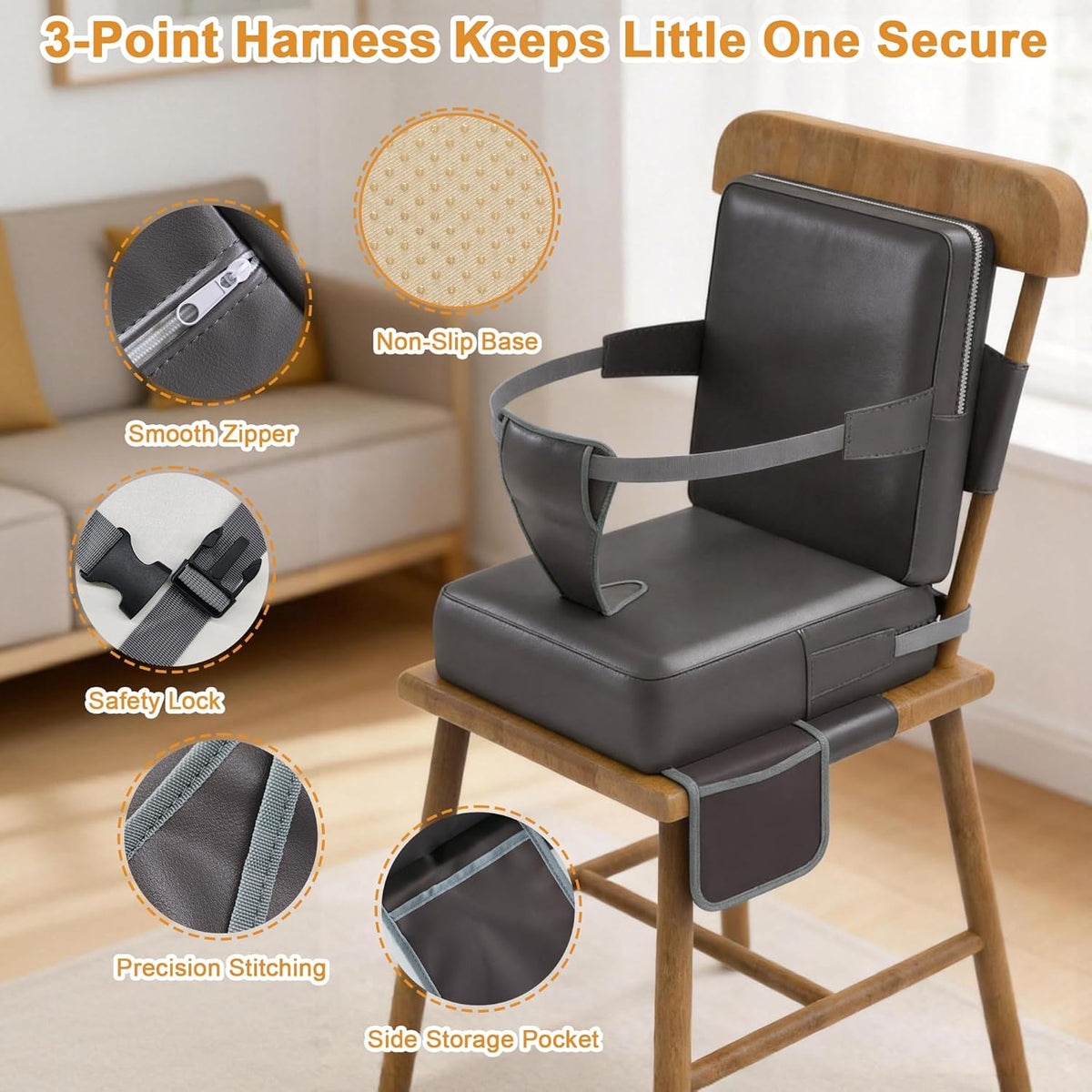 Toddler Booster Seat for Kitchen Chair, Dining Table, Grey
