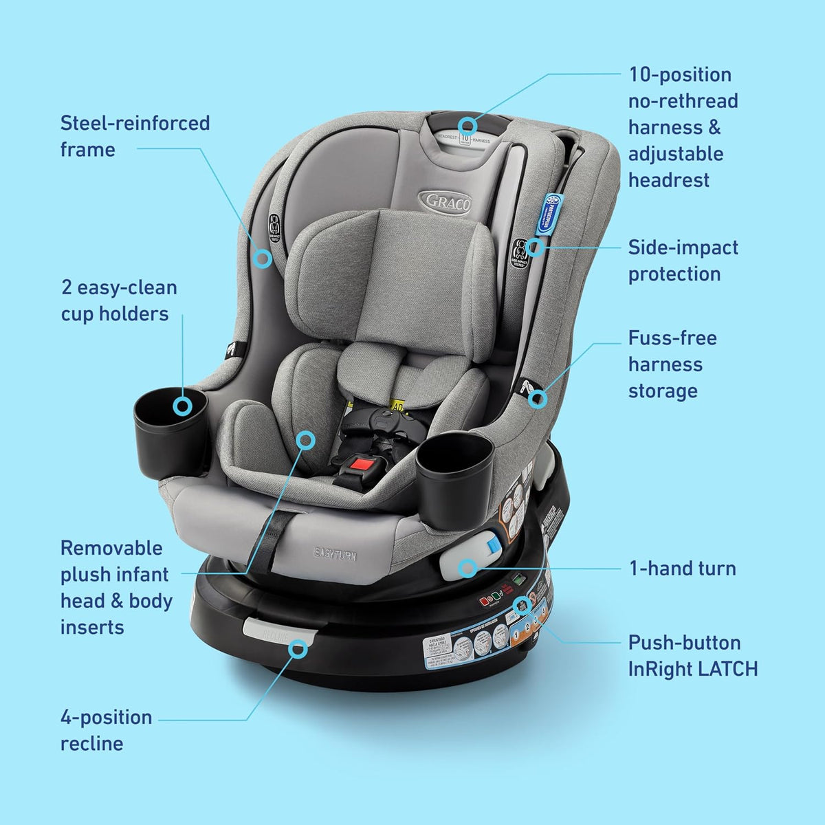 EasyTurn 360 2-in-1 Rotating Convertible Car Seat, 360 Degree Rotating Infant to Toddler Rotating Car Seat, 2 Modes Rear and Forward Facing, Slim Design, Solae