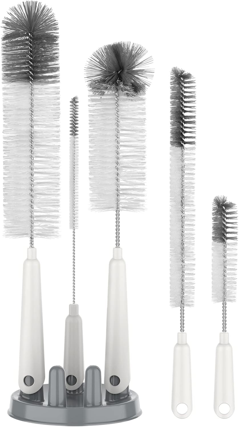 5 Pack Bottle Brush Cleaning Set with Storage Holder, White