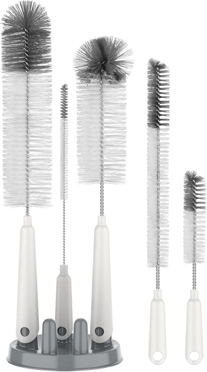 5 Pack Bottle Brush Cleaning Set with Storage Holder, White