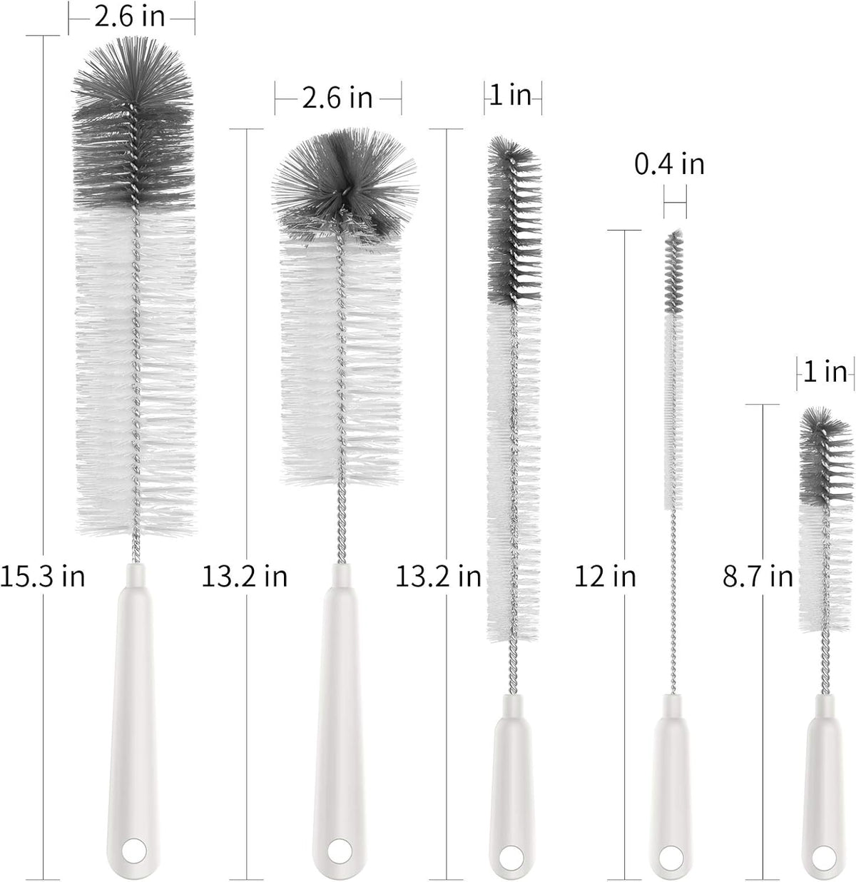 5 Pack Bottle Brush Cleaning Set with Storage Holder, White
