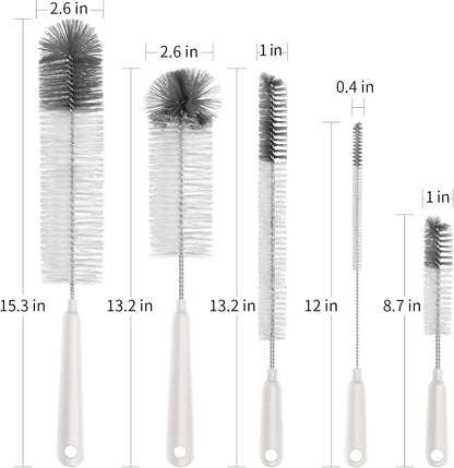 5 Pack Bottle Brush Cleaning Set with Storage Holder, White